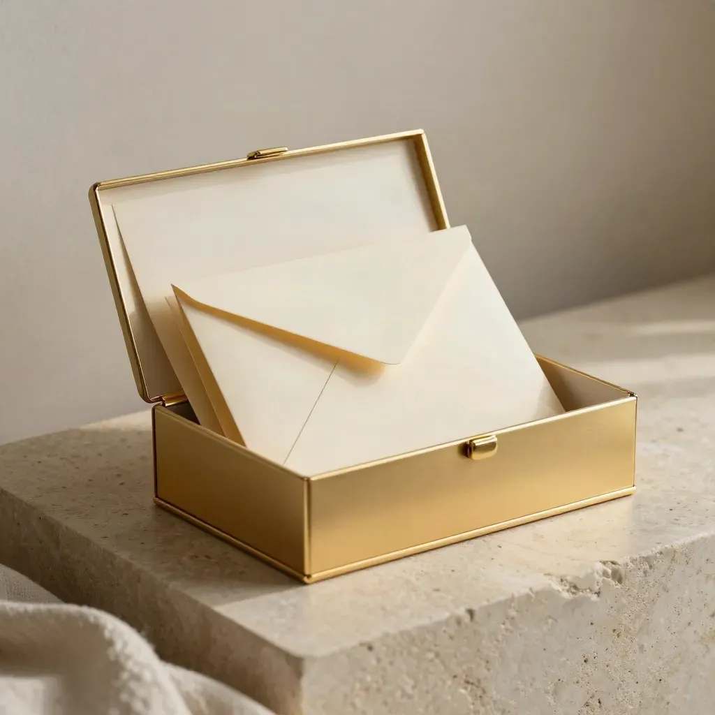 Gold-edged welcome set box with folded inserts and envelope on a limestone plinth.